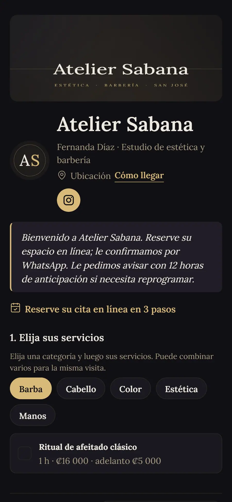 Enlace público de reservas del negocio de demostración Atelier Sabana