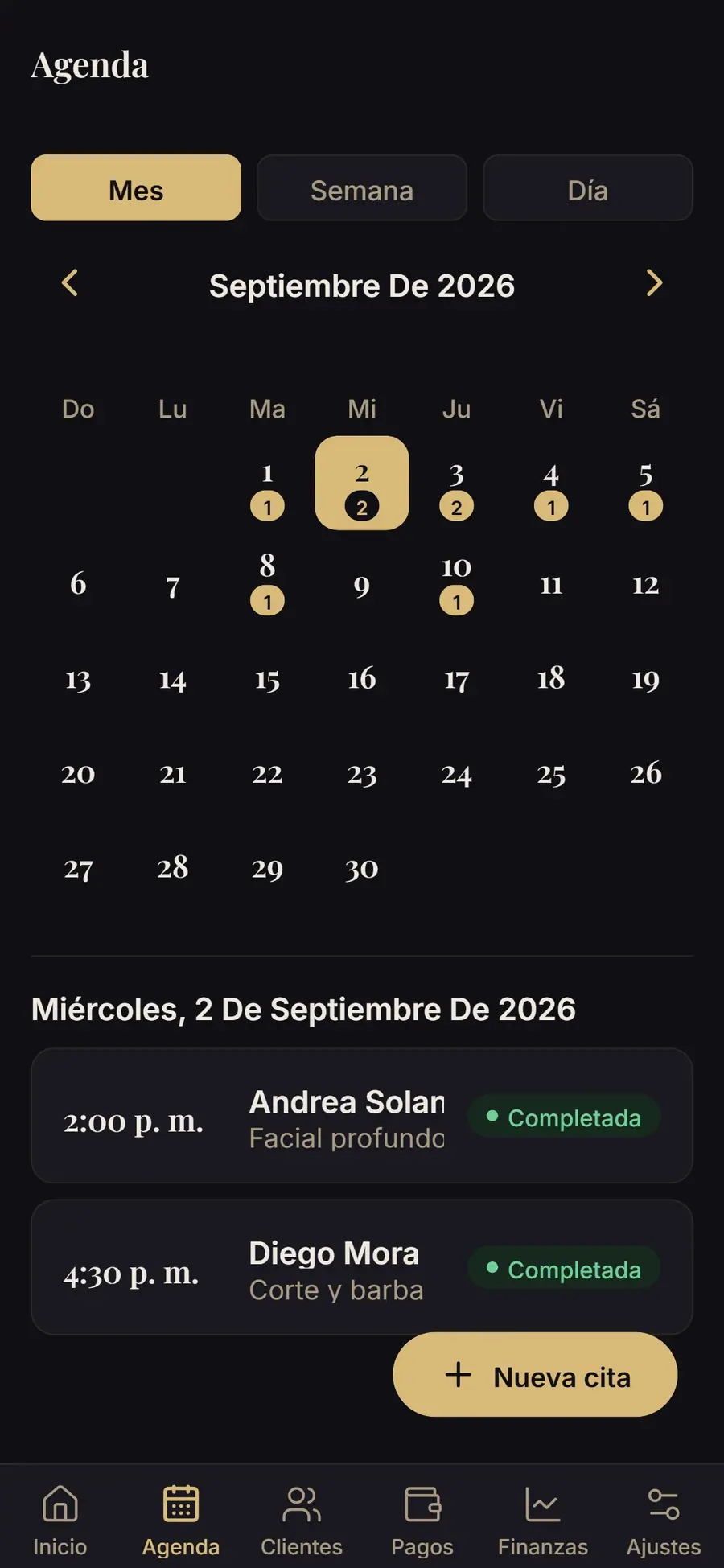 Agenda mensual del profesional con los días que tienen citas